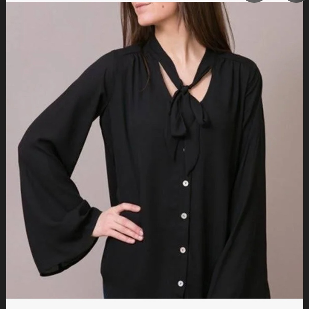 Show Me Your MuMu Black Bell Sleeve Blouse with Tie Front